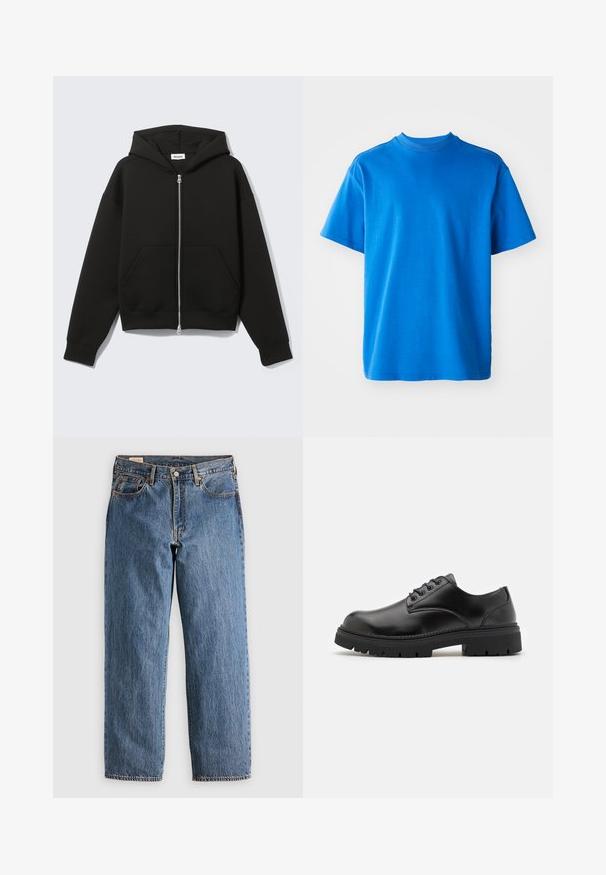 Sudadera negra con cremallera, capucha unida y bolsillos delanteros tipo canguro, extendida sobre un fondo claro.; Camiseta de algodón azul con cuello redondo, mangas cortas y un corte relajado. Textura suave y diseño sencillo sin patrones ni acentos.; Jeans de mezclilla azul con un corte recto, que cuentan con una cintura alta, remaches de cobre y costuras naranjas. Incluyen bolsillos delanteros y traseros.; Zapatos de cuero negro con punta redondeada, diseño con cordones y una suela de goma gruesa y texturizada. Presentan costuras a lo largo del borde y un acabado suave.