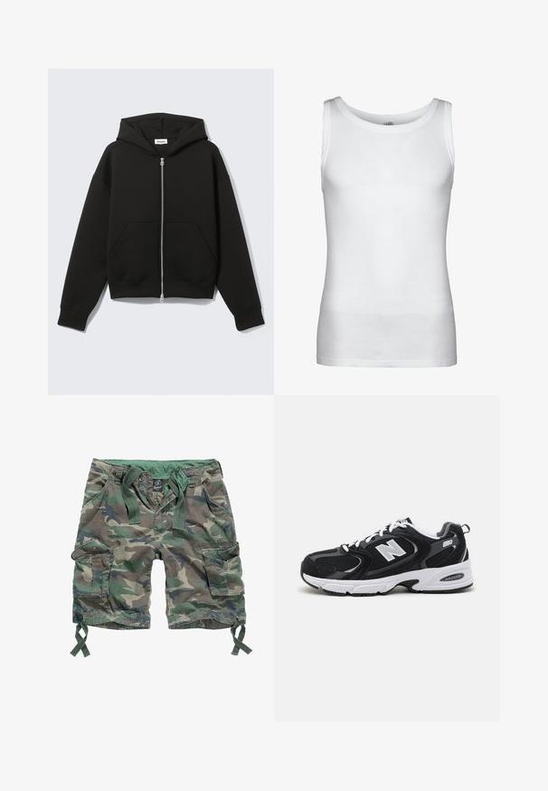 Sweat à capuche zippé noir avec capuche fixée et poches kangourou devant, posé à plat sur un fond clair.; Débardeur blanc côtelé sans manches avec encolure ronde et ourlet droit, présenté sur un fond uni.; Shorts cargo à motif camouflage, dotés de plusieurs poches, d'une taille élastique avec cordons de serrage et d'un matériau en coton.; Baskets de sport noires et grises avec un tige en mesh et en suède, présentant une semelle intermédiaire blanche, des lacets et un logo "N" audacieux sur le côté.