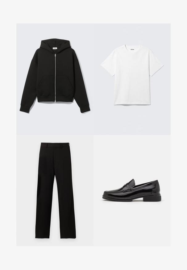 Sort lynlås-hoodie med fastgjort hætte og forreste kængurulommer, lagt fladt på en lys baggrund.; Hvid kortærmet crewneck T-shirt lagt fladt ud, ensfarvet design, med "WEEKDAY" mærkat inde i kraven på en lys baggrund.; Sorte bukser med lige ben, bæltestropper og sidelommer på en ensartet hvid baggrund.; Sorte læder loafers med en rund tå, der har en syet detalje over vristen og en lav blokhæl. Glat tekstur og blank finish.