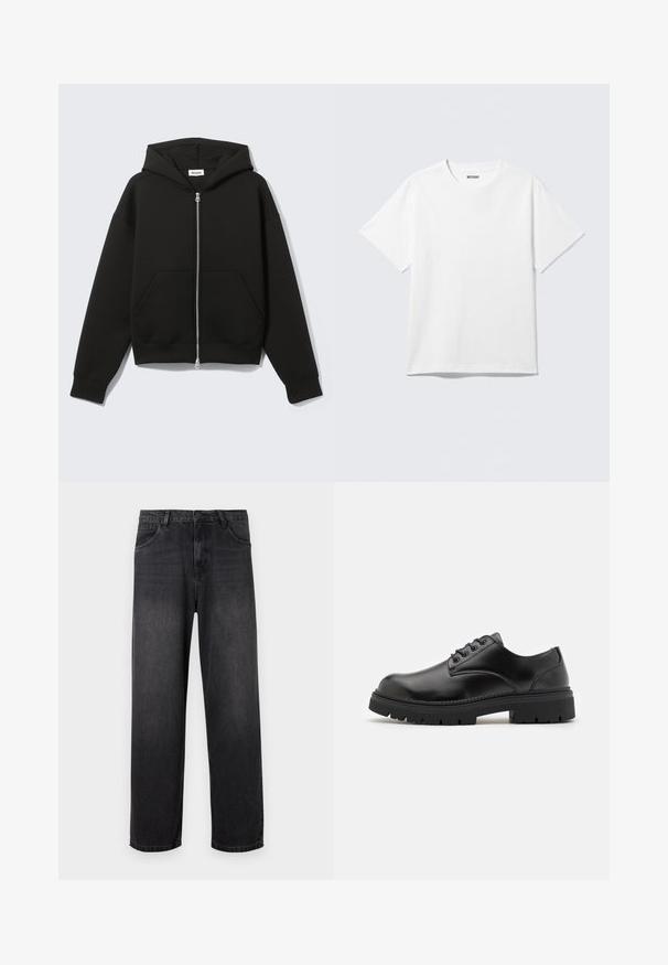Sort lynlås-hoodie med fastgjort hætte og forreste kængurulommer, lagt fladt på en lys baggrund.; Hvid kortærmet crewneck T-shirt lagt fladt ud, ensfarvet design, med "WEEKDAY" mærkat inde i kraven på en lys baggrund.; Mørkegrå denim jeans med lige ben, der har lynlås i gylpen, fem lommer og diskrete falmende detaljer på stoffet.; Sorte lædersko med rund tå, snørelukning og en tykk, struktureret gummisål. Har syninger langs kanten og en glat overflade.