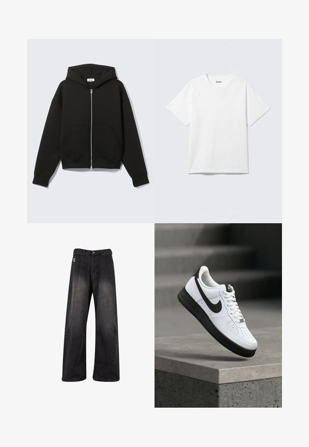 Zwarte hoodie met rits, vastgenaadde kap en voorzakken in kangoeroestijl, plat uitgespreid op een lichte achtergrond.; Witte T-shirt met korte mouwen en ronde hals, plat gelegd, effen ontwerp, met een "WEEKDAY" label in de kraag op een lichte achtergrond.; Zwarte wijde denim broek met een vervaagde afwerking, uitgerust met een knoopsluiting, vijf zakken en een merkpatch aan de linkervoorzijde.; Witte leren sneaker met zwarte accenten, afgeronde neus en geperforeerde details. Zwarte rubberen zool met een gestructureerd patroon en vetersluiting.