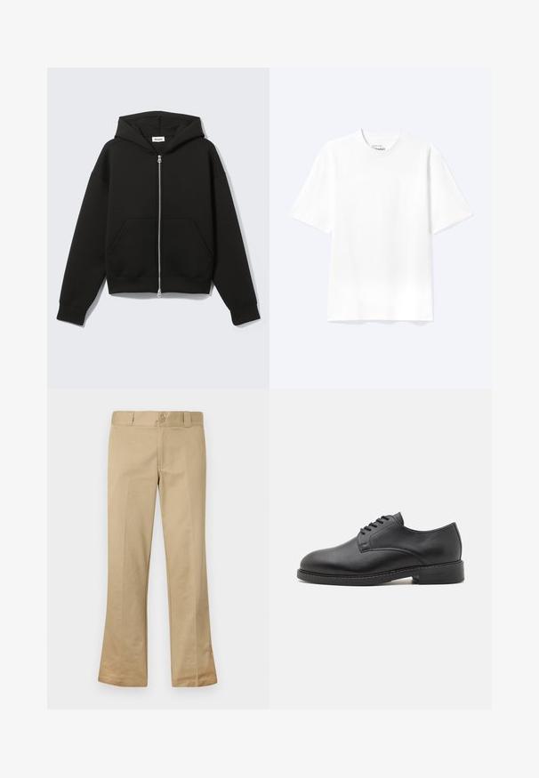 Schwarzer Zip-Hoodie mit angenähter Kapuze und vorderen Kängurutaschen, flach auf hellem Hintergrund liegend.; Schlichtes weißes T-Shirt mit kurzen Ärmeln und Rundhalsausschnitt in entspannter Passform, auf hellem Hintergrund dargestellt.; Beige Schlaghose aus einem Baumwollmix, mit Knopfverschluss, Gürtelschlaufen und flacher Vorderseite mit glatter Textur.; Schwarze Leder-Oxfordschuhe mit runder Zehenform, glatter Oberfläche, fünf Ösen für die Schnürung und niedrigem, gestapeltem Absatz.
