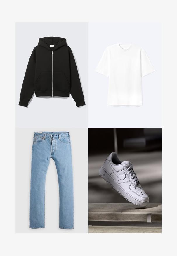 Schwarzer Zip-Hoodie mit angenähter Kapuze und vorderen Kängurutaschen, flach auf hellem Hintergrund liegend.; Schlichtes weißes T-Shirt mit kurzen Ärmeln und Rundhalsausschnitt in entspannter Passform, auf hellem Hintergrund dargestellt.; Hellblaue gerade geschnittene Jeans aus Denim mit Knopfverschluss, Gürtelschlaufen sowie Vorder- und Hintertaschen, auf einem weißen Hintergrund präsentiert.; Weißer Nike Air Force 1 Sneaker aus Leder mit perforierter Zehenpartie, flachen Schnürsenkeln und strukturierter Gummisohle mit "AIR"-Branding an der Seite.