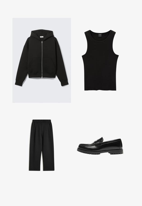 Sort lynlås-hoodie med fastgjort hætte og forreste kængurulommer, lagt fladt på en lys baggrund.; Sort ribbet tanktop med rund halsudskæring og brede ærmegab, lavet af en blød, strækbar stof. Mærke: Pull&Bear.; Sorte vide bukser med elastisk talje og sidelommer, vist fladt på en hvid baggrund.; Sort læderloafer med en kraftig gummisål og klassiske penny-strap detaljer, vist fra ydersiden.
