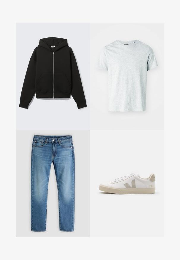 Sweat à capuche zippé noir avec capuche fixée et poches kangourou devant, posé à plat sur un fond clair.; T-shirt gris clair à manches courtes en tissu doux, avec un col rond et une coupe légèrement décontractée. Aucun motif ou graphique visible.; Jean en denim bleu clair avec une coupe droite, style traditionnel à cinq poches et décoloration subtile. Comprend une fermeture par bouton et des passants pour ceinture.; Baskets en cuir blanc avec des accents beiges, semelle plate en caoutchouc, bout rond et logo contrastant sur le côté et à l'arrière. Design à lacets.