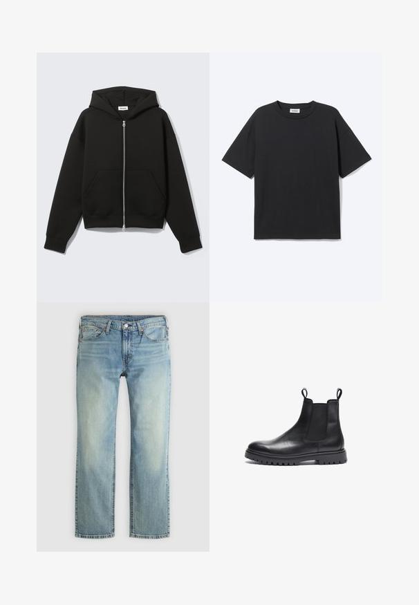 Schwarzer Zip-Hoodie mit angenähter Kapuze und vorderen Kängurutaschen, flach auf hellem Hintergrund liegend.; Schwarzes T-Shirt mit kurzen Ärmeln und Rundhalsausschnitt in lockerer Passform, Vorderansicht, schlichtes Design und sichtbares Weekday-Label im Krageninneren.; Hellblaue Jeans aus Denim mit geradem Bein. Ausstattung mit fünf Taschen, Metallknopf und orangefarbenen Steppnähten. Verwaschener Look.; Schwarze Leder Chelsea-Boots mit strukturierter Oberfläche, elastischen Seitenpanels und Zuglaschen. Verfügt über eine klobige Gummisohle mit Profil.