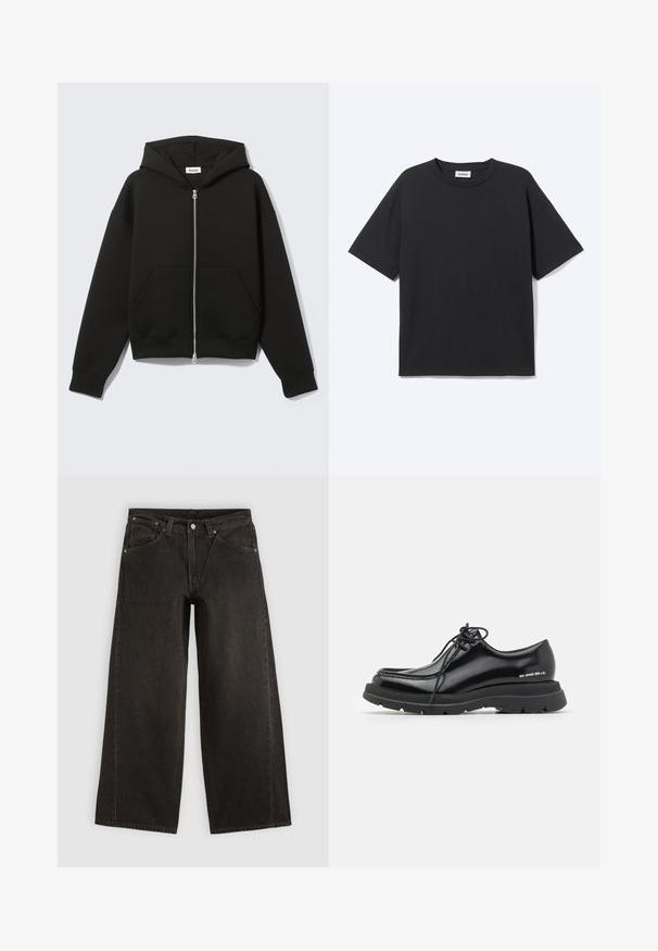 Sort lynlås-hoodie med fastgjort hætte og forreste kængurulommer, lagt fladt på en lys baggrund.; Sort T-shirt med korte ærmer og rund hals med afslappet pasform, forfra, ensfarvet design og synligt Weekday-mærke inde i kraven.; Sorte vidbenede denimjeans med forlommer, knaplukning og bæltestropper, vist fladt på en lys baggrund.; Sorte læder dressko med rund tå, tyk gummisål, snørebåndsdesign og markant syning langs kanten.