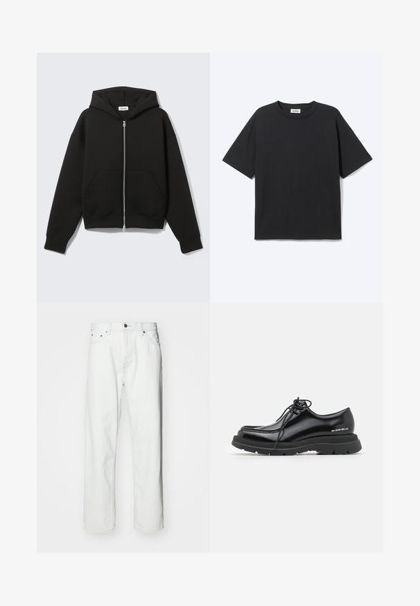 Sweat à capuche zippé noir avec capuche fixée et poches kangourou devant, posé à plat sur un fond clair.; T-shirt noir à manches courtes avec col rond, coupe décontractée, vue de face, design uni et étiquette de la marque Weekday visible à l’intérieur du col.; Jean en denim blanc avec une coupe droite, design à cinq poches, fermeture à bouton et détails de coutures subtils. Texture lisse et style minimaliste.; Chaussure habillée en cuir noir avec un bout arrondi, semelle en caoutchouc épaisse, design lacé et couture distinctive le long du bord.