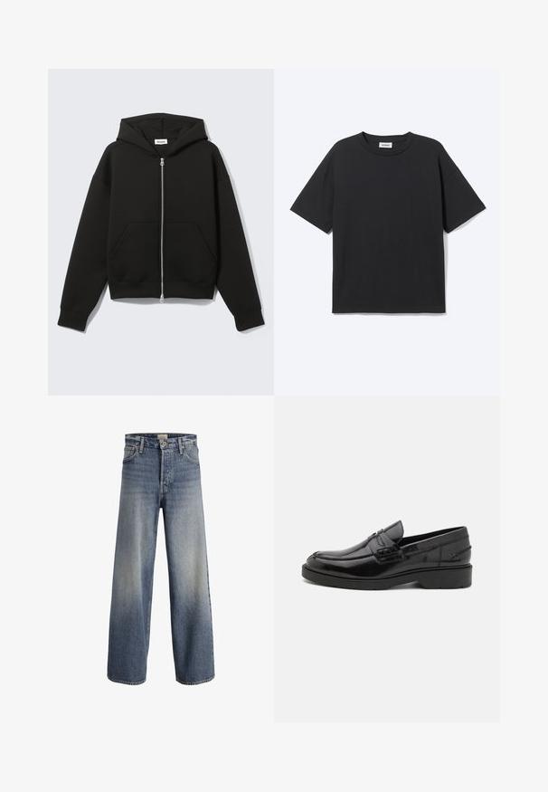 Schwarzer Zip-Hoodie mit angenähter Kapuze und vorderen Kängurutaschen, flach auf hellem Hintergrund liegend.; Schwarzes T-Shirt mit kurzen Ärmeln und Rundhalsausschnitt in lockerer Passform, Vorderansicht, schlichtes Design und sichtbares Weekday-Label im Krageninneren.; Helle blaue Schlagjeans aus Denim. Sie verfügen über eine hohe Taille, einen Knopfverschluss und subtile Ausbleichungen mit einer glatten Textur und genähten Nähten.; Schwarze Lederloafers mit glatter Oberfläche, abgerundetem Zehenbereich, niedrigem Absatz und dekorativer Naht entlang der Vorderseite. Gummisohle für guten Halt.