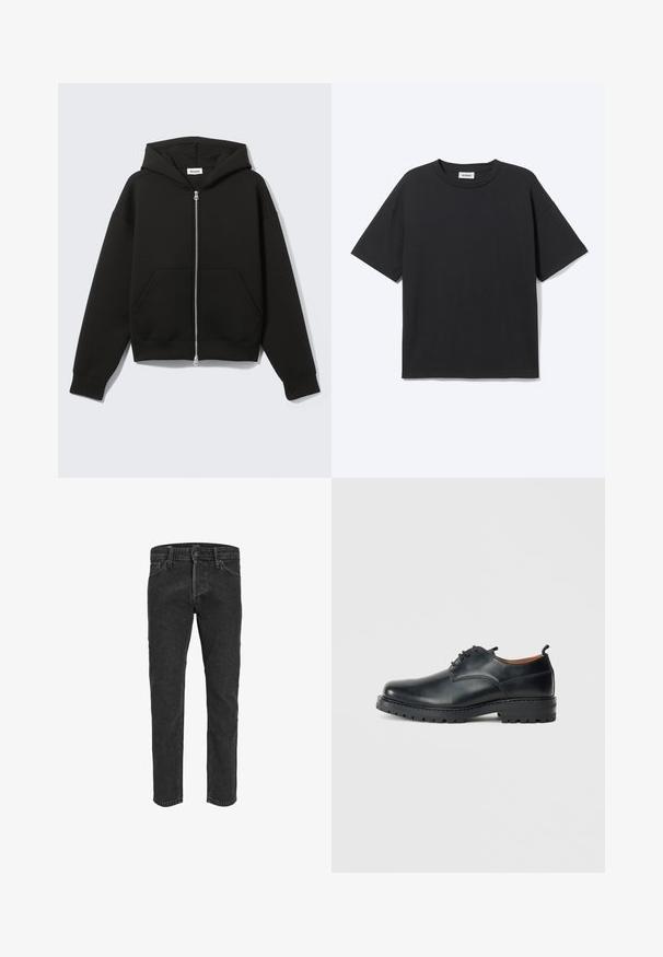 Sweat à capuche zippé noir avec capuche fixée et poches kangourou devant, posé à plat sur un fond clair.; T-shirt noir à manches courtes avec col rond, coupe décontractée, vue de face, design uni et étiquette de la marque Weekday visible à l’intérieur du col.; Jean en denim noir avec une coupe droite, cinq poches et passants de ceinture, présentant une texture légèrement délavée et des coutures contrastées.; Chaussures derby en cuir noir avec une texture lisse, bout rond, design à lacets et une semelle en caoutchouc épaisse et robuste.