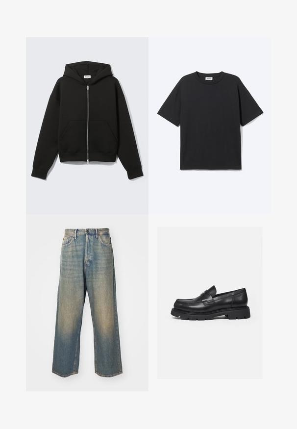 Schwarzer Zip-Hoodie mit angenähter Kapuze und vorderen Kängurutaschen, flach auf hellem Hintergrund liegend.; Schwarzes T-Shirt mit kurzen Ärmeln und Rundhalsausschnitt in lockerer Passform, Vorderansicht, schlichtes Design und sichtbares Weekday-Label im Krageninneren.; Hochgeschnittene, gerade geschnittene, ausgewaschene blaue Jeans mit Ziertaschen vorne und einem Knopfverschluss vor hellem Hintergrund.; Schwarzer Lederloafer mit dicker, profilierter Sohle und Pennyriemen-Detail, von der rechten Seitenansicht auf weißem Hintergrund gezeigt.