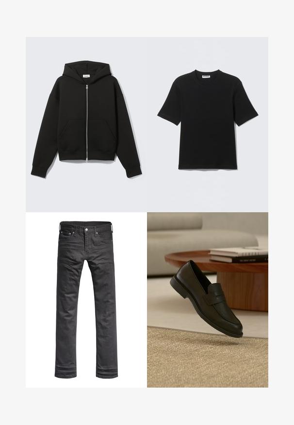 Sweat à capuche zippé noir avec capuche fixée et poches kangourou devant, posé à plat sur un fond clair.; T-shirt noir à manches courtes avec col rond, portant une étiquette "WEEKDAY" à l'intérieur du col, présenté à plat sur un fond clair.; Jeans en denim noir avec un design classique à jambes droites. Comprend des poches avant, une fermeture à bouton et des détails de couture subtils.; Chaussure mocassin en cuir noir présentée en suspension au-dessus d'un tapis beige tissé, avec une table en bois et des livres empilés dans un salon doucement éclairé.