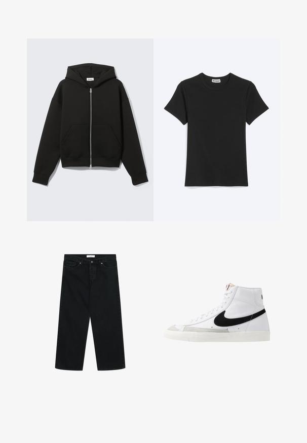 Zwarte hoodie met rits, vastgenaadde kap en voorzakken in kangoeroestijl, plat uitgespreid op een lichte achtergrond.; Effen zwart T-shirt met korte mouwen en een ronde hals met een Weekday-merklabel in de kraag, getoond op een witte achtergrond.; Zwarte wijde jeans van denim stof, met een knoopsluiting aan de voorkant, riemlussen en zakken. Gladde textuur, minimalistisch ontwerp.; Witte hoge sneakers met een zwarte swoosh, textuur grijze neus en een vlakke witte zool. Kenmerkt zes veteropeningen en gestikte accenten.