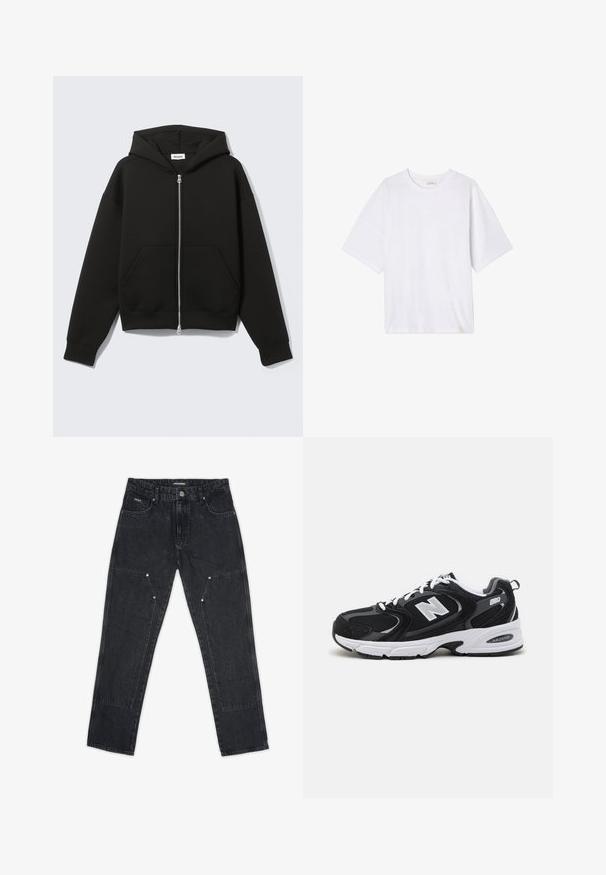 Sort lynlås-hoodie med fastgjort hætte og forreste kængurulommer, lagt fladt på en lys baggrund.; Hvid kortærmet t-shirt lavet af blødt stof. Har en rund halsudskæring og en afslappet pasform med en lige kant. Ingen mønstre eller hardware.; Pegador VINTO CARPENTER - Tømrerbukser - washed black; Sorte og grå sportssko med mesh og ruskind på overdelen, der har en hvid mellemsål, snørebånd og et iøjnefaldende "N" logo på siden.