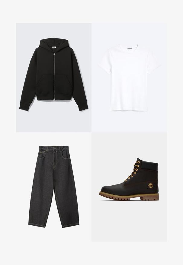 Sort lynlås-hoodie med fastgjort hætte og forreste kængurulommer, lagt fladt på en lys baggrund.; Enkelt hvid T-shirt med korte ærmer og rund hals med synligt WEEKDAY-mærke i kraven, vist på en lys baggrund.; Sorte denim brede bukser med gule sømme, fem-lomme-design og en mid-rise talje. Struktureret stof med en glat overflade.; Sorte læder ankelstøvle med gyldne øjer, brune detaljer og gummisål. Har en polstret krave og præget logo på siden.