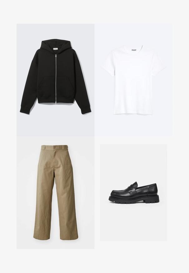 Sort lynlås-hoodie med fastgjort hætte og forreste kængurulommer, lagt fladt på en lys baggrund.; Enkelt hvid T-shirt med korte ærmer og rund hals med synligt WEEKDAY-mærke i kraven, vist på en lys baggrund.; Khaki bredde ben bukser lavet af bomuldsblandingsstof, med en enkelt knaplukning og synlige sidelommer. Glat tekstur, plisseret detalje.; Sort læderloafer med tyk rillede sål og penny-remdetalje, vist i højre sideprofil på hvid baggrund.