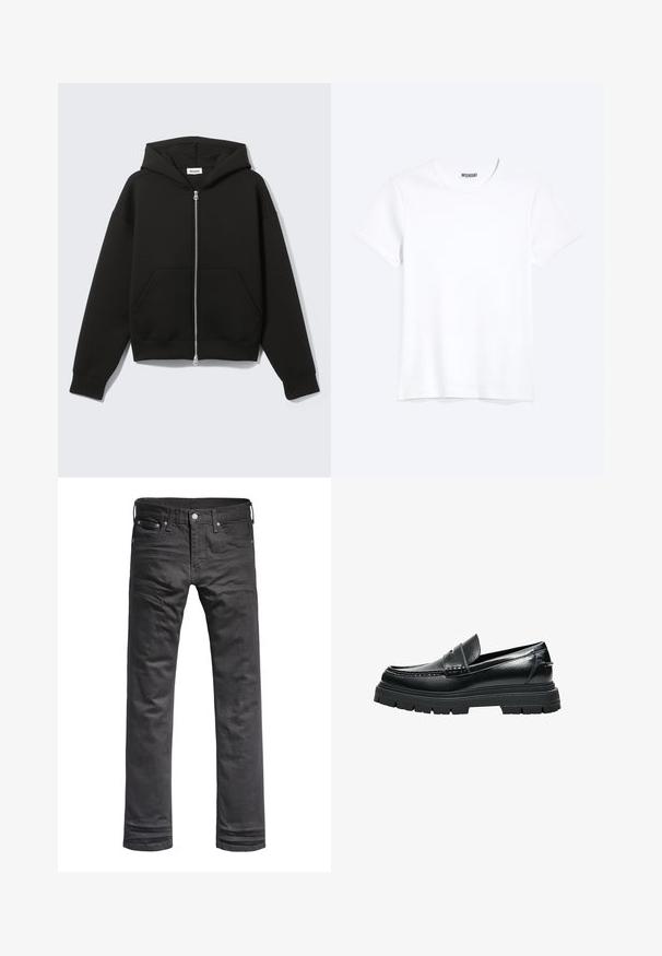 Black zip-up hoodie with attached hood and front kangaroo pockets, laid flat on a light background.; Plain white short-sleeve crew neck T-shirt with a visible WEEKDAY brand label at the neck collar, displayed on a light background.; Black denim jeans with a classic straight-leg design. Features front pockets, a button fly, and subtle stitching details.; Black leather loafer with thick lug sole and penny strap detailing, shown from side view on white background.