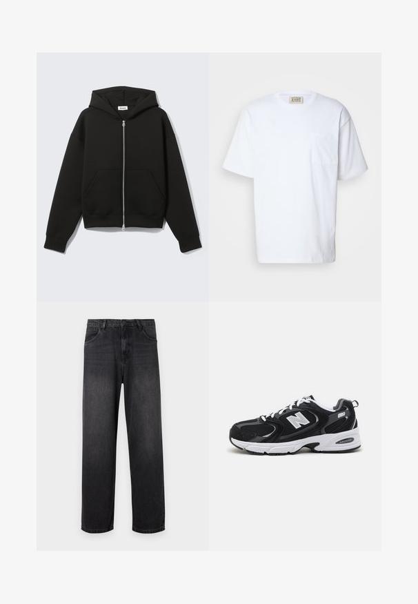 Schwarzer Zip-Hoodie mit angenähter Kapuze und vorderen Kängurutaschen, flach auf hellem Hintergrund liegend.; Weißes Kurzarm-T-Shirt aus Baumwolle. Mit einer Brusttasche und feinen Nähten an der Tasche. Rundhalsausschnitt.; Dunkelgraue Denim-Jeans mit geradem Bein, ausgestattet mit einem Reißverschluss, fünf Taschen und subtilen Verblassungen auf dem Stoff.; Schwarze und graue Sportschuhe mit Obermaterial aus Mesh und Wildleder, ausgestattet mit einer weißen Zwischensohle, Schnürsenkeln und einem markanten "N"-Logo an der Seite.