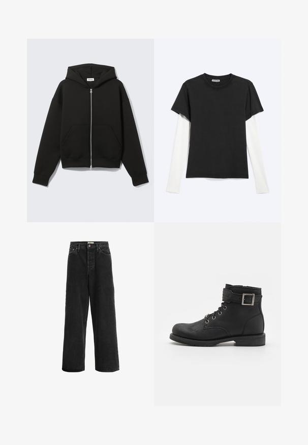 Schwarzer Zip-Hoodie mit angenähter Kapuze und vorderen Kängurutaschen, flach auf hellem Hintergrund liegend.; Schwarzes T-Shirt mit kurzen Ärmeln, über einem weißen Langarmshirt getragen, liegend auf hellem grauem Hintergrund mit sichtbarem WEEKDAY-Label im Kragen.; Schwarze weit geschnittene Jeans aus Denim. Sie verfügt über eine hohe Taille, zwei Fronttaschen, einen Knopfverschluss und dezente Nähte.; Schwarze Leder-Ankle-Boots mit schnürbarem Design, Metallbeschlägen und einem seitlichen Riemen mit Schnallendetail. Robuste Sohle und glatte Textur.
