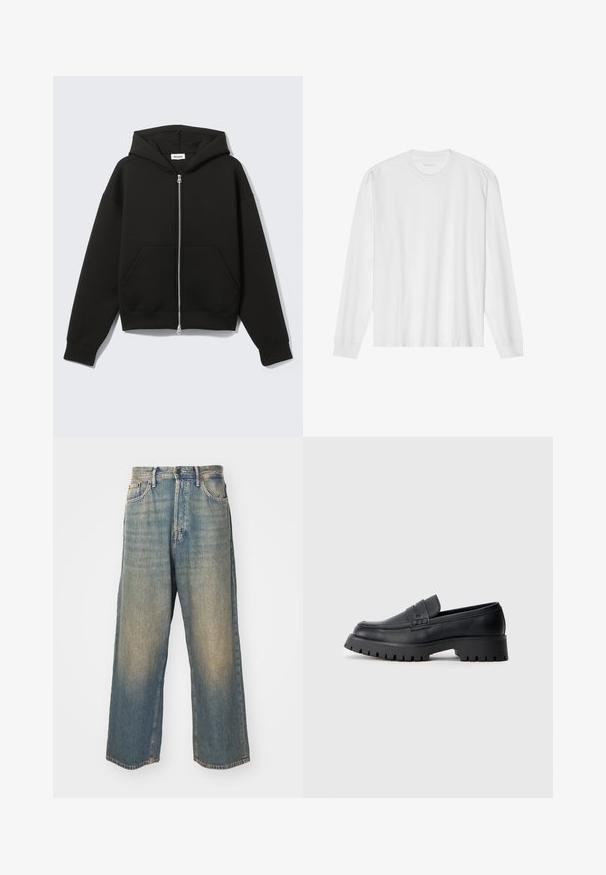 Zwarte hoodie met rits, vastgenaadde kap en voorzakken in kangoeroestijl, plat uitgespreid op een lichte achtergrond.; Wit, lang katoen T-shirt met lange mouwen en ronde hals, met geribde manchetten en een rechte zoom, een gladde textuur en een minimalistisch ontwerp.; High-rise, rechte, vervaagde blauwe spijkerbroek met zakken aan de voorkant en een knoopsluiting op een lichte achtergrond.; Zwarte leren instappers met een ronde neus, voorzien van een decoratieve riem en een stevige rubberen zool met diepe groeven voor grip.