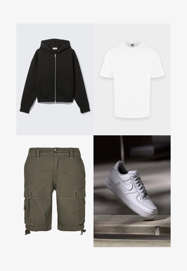Sort lynlås-hoodie med fastgjort hætte og forreste kængurulommer, lagt fladt på en lys baggrund.; Enkelt hvid kortærmet T-shirt med rund hals i bomuld vist på en lys grå baggrund.; Oliven grønne cargo-shorts lavet af slidstærkt stof, med flere sidelommer, bæltestropper og syede detaljer for ekstra struktur.; Hvid læder Nike Air Force 1 sneaker med perforeret tå, flade snørebånd og tekstureret gummisål med "AIR" branding på siden.