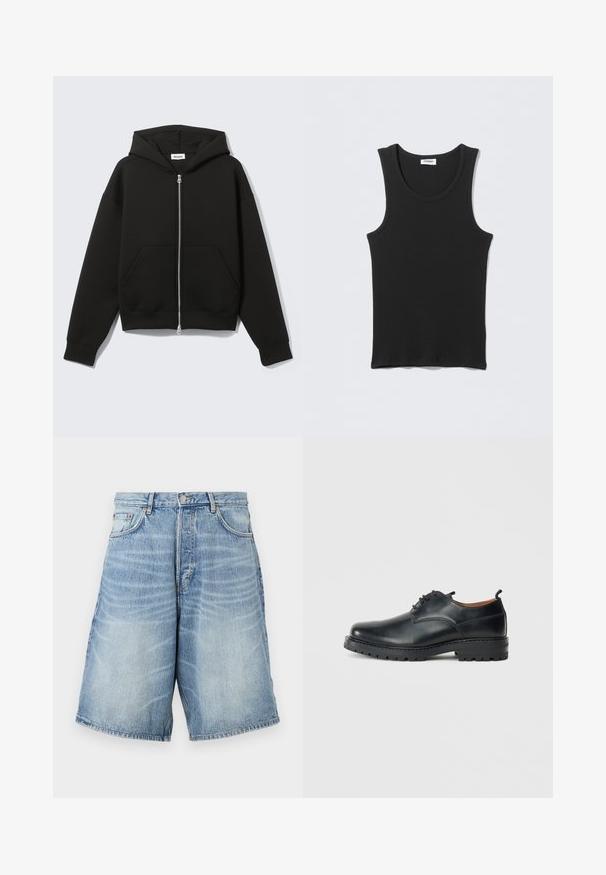 Sweat à capuche zippé noir avec capuche fixée et poches kangourou devant, posé à plat sur un fond clair.; Débardeur noir côtelé sans manches avec encolure ronde, posé à plat sur un fond gris clair. L'étiquette indique « WEEKDAY ».; Shorts en denim bleu clair avec un délavage. Comprend une taille avec bouton, des passants de ceinture et deux poches avant.; Chaussures derby en cuir noir avec une texture lisse, bout rond, design à lacets et une semelle en caoutchouc épaisse et robuste.