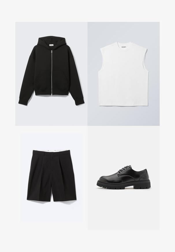 Sweat à capuche zippé noir avec capuche fixée et poches kangourou devant, posé à plat sur un fond clair.; Haut blanc sans manches en coton à col rond avec épaules structurées, marqué "WEEKDAY" sur l'étiquette du col, présenté sur un fond gris clair.; Shorts noirs sur mesure longueur genou avec passants de ceinture, poches latérales, fermeture par boutons et plis devant, posés à plat sur fond blanc.; Chaussures en cuir noir avec un bout rond, un laçage et une semelle en caoutchouc épaisse et texturée. Présente des coutures le long du bord et une finition lisse.