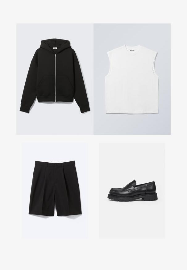 Zwarte hoodie met rits, vastgenaadde kap en voorzakken in kangoeroestijl, plat uitgespreid op een lichte achtergrond.; Wit mouwloos katoenen top met ronde hals en gestructureerde schouders, met het merk "WEEKDAY" op het label in de kraag, afgebeeld op een lichtgrijze achtergrond.; Zwarte op maat gemaakte knielange short met riemlussen, zijzakken, knoopsluiting en voorplooien, plat gelegd op een witte achtergrond.; Zwarte leren loafer met dikke geribbelde zool en pennyriemdetail, getoond in rechter zijprofiel op witte achtergrond.
