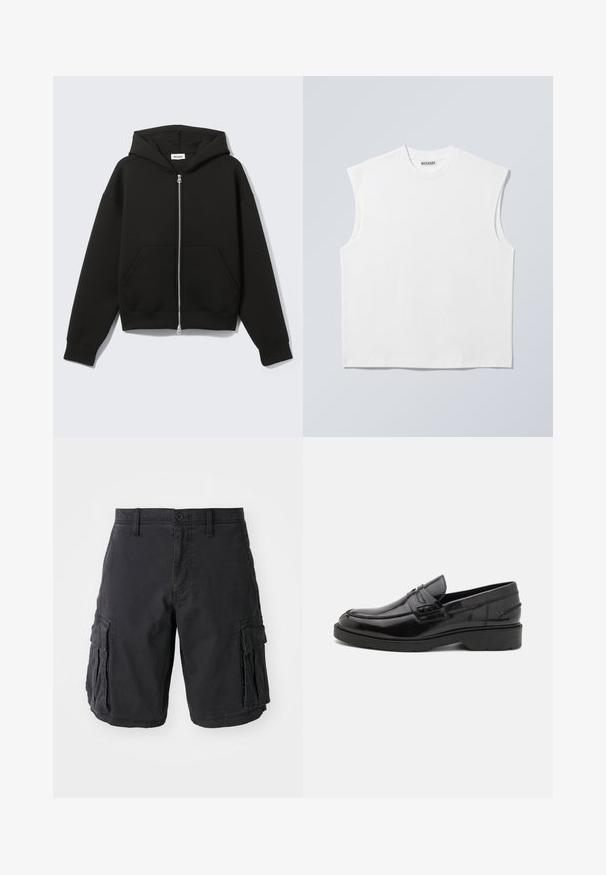 Sweat à capuche zippé noir avec capuche fixée et poches kangourou devant, posé à plat sur un fond clair.; Haut blanc sans manches en coton à col rond avec épaules structurées, marqué "WEEKDAY" sur l'étiquette du col, présenté sur un fond gris clair.; Shorts cargo noirs en coton, dotés de plusieurs poches latérales, d'une fermeture à bouton et d'une coupe décontractée. Texture lisse et coutures robustes.; Mocassins en cuir noir avec une finition lisse, un bout rond, un petit talon et descoutures décoratives à l'avant. Semelle en caoutchouc pour l'adhérence.