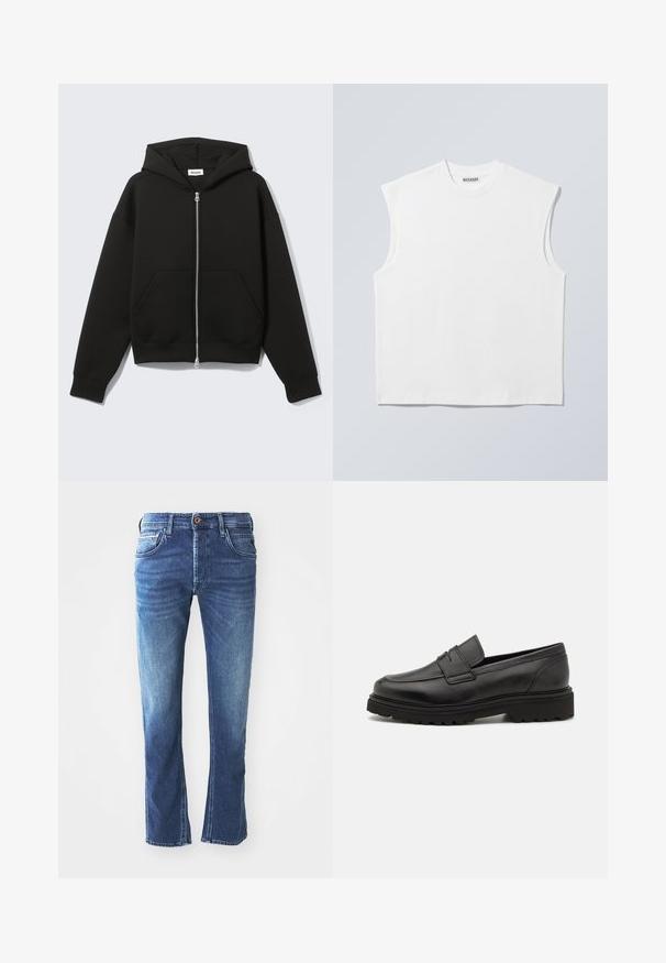 Schwarzer Zip-Hoodie mit angenähter Kapuze und vorderen Kängurutaschen, flach auf hellem Hintergrund liegend.; Weißes ärmelloses Baumwolltop mit Rundhalsausschnitt und strukturierten Schultern, mit "WEEKDAY" auf dem Kragenetikett versehen, vor hellgrauem Hintergrund dargestellt.; Dunkelblaue Jeans aus Denim mit geradem Bein, ausgestattet mit fünf Taschen, einem braunen Knopfverschluss und dezenten hellen Verfärbungen an den Oberschenkeln.; Schwarze Lederloafer mit runder Zehenpartie, genähten Details und einer dicken, strukturierten Sohle. Verfügt über ein schlankes, minimalistisches Design.
