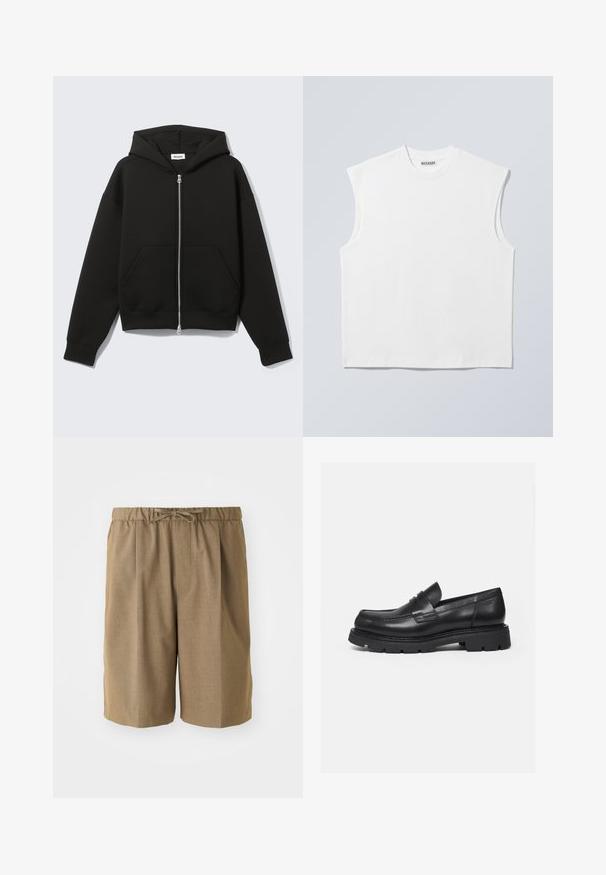 Sweat à capuche zippé noir avec capuche fixée et poches kangourou devant, posé à plat sur un fond clair.; Haut blanc sans manches en coton à col rond avec épaules structurées, marqué "WEEKDAY" sur l'étiquette du col, présenté sur un fond gris clair.; Shorts plissés marron avec une taille élastique et un cordon de serrage ajustable. Fabriqués dans un tissu léger et lisse avec des jambes droites.; Mocassin en cuir noir avec semelle épaisse crantée et détail de bride penny, présenté en profil droit sur fond blanc.