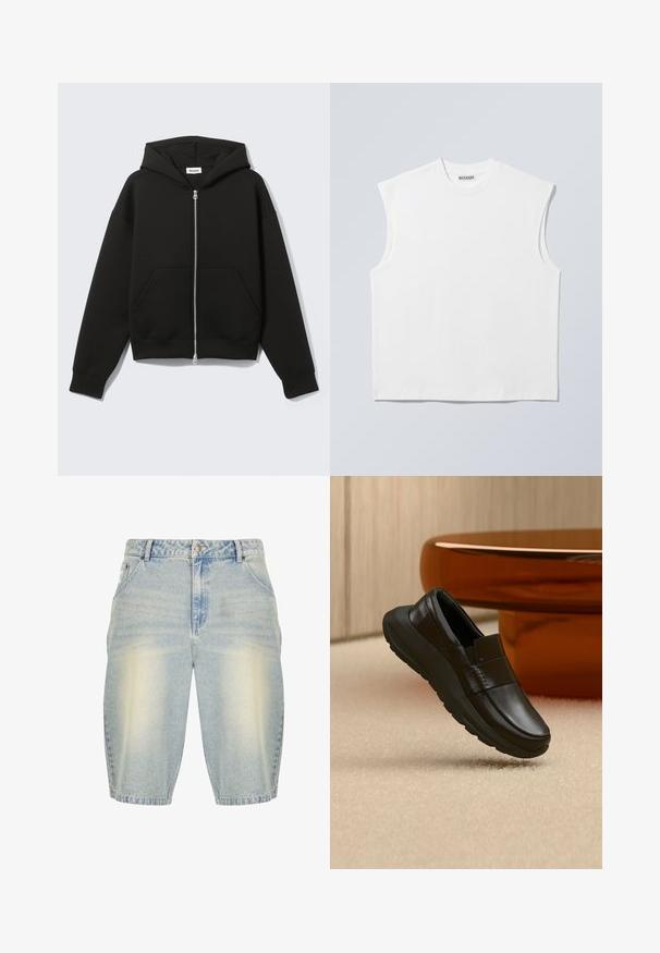 Schwarzer Zip-Hoodie mit angenähter Kapuze und vorderen Kängurutaschen, flach auf hellem Hintergrund liegend.; Weißes ärmelloses Baumwolltop mit Rundhalsausschnitt und strukturierten Schultern, mit "WEEKDAY" auf dem Kragenetikett versehen, vor hellgrauem Hintergrund dargestellt.; Helle blaue Denim-Shorts mit einem verblassten Washed-Effekt, ausgestattet mit einem klassischen Five-Pocket-Design, Gürtelschlaufen und einem geraden Schnitt.; Schwarzer Ledermokassin mit dicker Sohle, dargestellt über beigem Teppich und nahe einer runden bernsteinfarbenen Tischbasis.