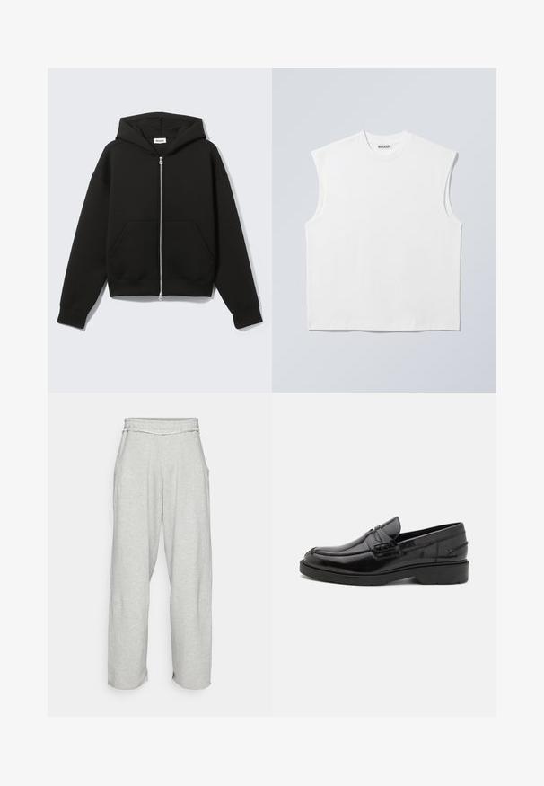 Zwarte hoodie met rits, vastgenaadde kap en voorzakken in kangoeroestijl, plat uitgespreid op een lichte achtergrond.; Wit mouwloos katoenen top met ronde hals en gestructureerde schouders, met het merk "WEEKDAY" op het label in de kraag, afgebeeld op een lichtgrijze achtergrond.; Lichtgrijze, wijde sweatpants met een elastische tailleband en zijzakken. Zachte textuur met rafelige zoomdetails bij de beenopeningen.; Zwarte leren instappers met een gladde afwerking, ronde neus, lage hak en decoratieve stiksels aan de voorkant. Rubberen buitenzool voor grip.