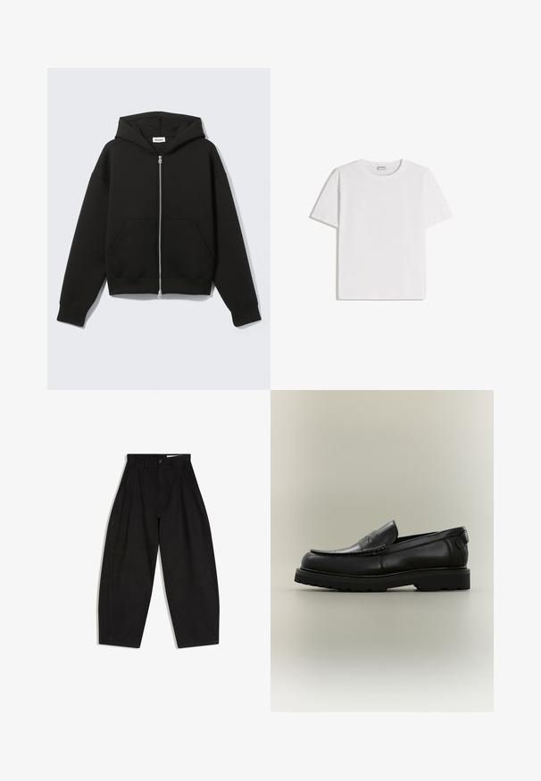 Black zip-up hoodie with attached hood and front kangaroo pockets, laid flat on a light background.; White cotton t-shirt with a crew neckline and short sleeves. Features a classic, boxy shape and no visible patterns or accents.; Black high-waist wide-leg pants with pleats, belt loops, front button, and zipper closure, laid flat on a white background.; Black leather loafer with a thick rubber sole, penny strap detail, and stitched moc toe design on a neutral background.