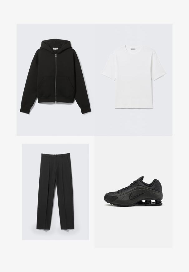 Zwarte hoodie met rits, vastgenaadde kap en voorzakken in kangoeroestijl, plat uitgespreid op een lichte achtergrond.; Effen witte T-shirt met korte mouwen en ronde hals, met een klein "WEEKDAY" label aan de binnenkant van de achterkraag, weergegeven op een vlakke ondergrond.; Zwarte op maat gemaakte broek met plooien aan de voorkant, zijzakken, riemlussen en knoopsluiting in de tailleband op een lichte achtergrond.; Zwarte hardloopschoenen met een glad bovenwerk van synthetisch materiaal, geperforeerde accenten, gestructureerde zijpanelen en een opvallende veerkrachtige zool.