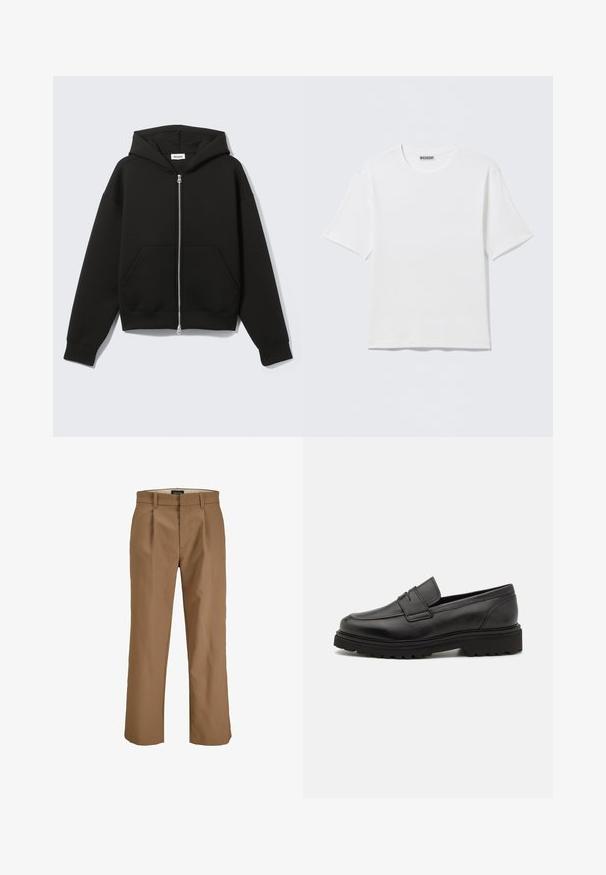 Sweat à capuche zippé noir avec capuche fixée et poches kangourou devant, posé à plat sur un fond clair.; T-shirt blanc uni à manches courtes et col rond, avec une petite étiquette "WEEKDAY" à l'intérieur du col arrière, présenté à plat.; Pantalon marron en tissu lisse, avec une coupe droite, des plis à l'avant et des passants de ceinture. Pas de motifs ni d'accents visibles.; Mocassin en cuir noir avec un bout rond, des détails cousus, et une semelle épaisse et texturée. Présente un design élégant et minimaliste.