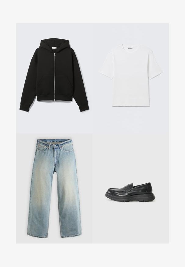 Sweat à capuche zippé noir avec capuche fixée et poches kangourou devant, posé à plat sur un fond clair.; T-shirt blanc uni à manches courtes et col rond, avec une petite étiquette "WEEKDAY" à l'intérieur du col arrière, présenté à plat.; Jean denim bleu clair à jambes larges avec une finition délavée. Comprend un design standard à cinq poches et une fermeture à bouton métallique.; Chaussure noire en cuir à enfiler avec un design mocassin, embout arrondi, semelle en caoutchouc épaisse et subtil détail de couture sur la partie supérieure.