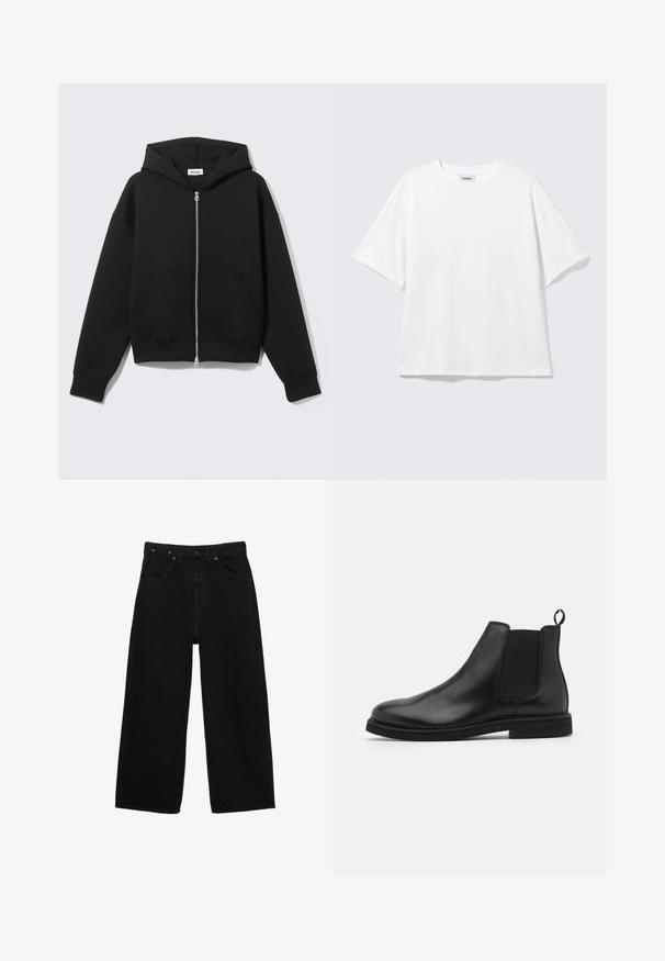 Schwarzer Zip-Hoodie mit angenähter Kapuze und vorderen Kängurutaschen, flach auf hellem Hintergrund liegend.; Weißes oversized T-Shirt mit kurzen Ärmeln und Rundhalsausschnitt mit eingesetzten Schultern, flach auf hellgrauem Hintergrund.; Schwarze Jeans mit weitem Bein, vorne mit Knöpfen, Reißverschluss, Gürtelschlaufen und klassischem Five-Pocket-Design.; Schwarze Leder Chelsea-Stiefel mit elastischen Seitenpanelen und einem Zugtab. Gerundete Zehenpartie und flache Gummisohle, die eine glatte Oberfläche zeigt.