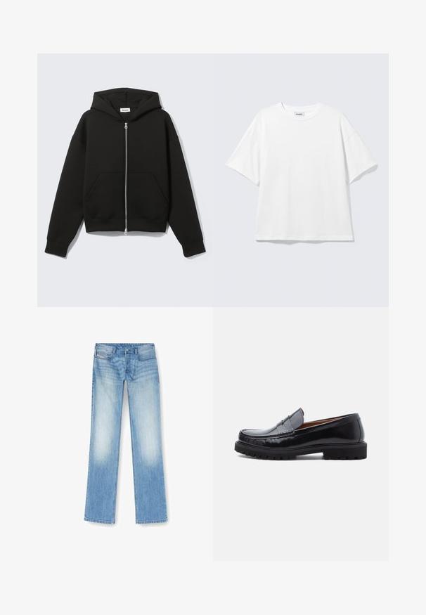Zwarte hoodie met rits, vastgenaadde kap en voorzakken in kangoeroestijl, plat uitgespreid op een lichte achtergrond.; Witte oversized T-shirt met korte mouwen, ronde hals en verlaagde schouders, plat op een lichtgrijze achtergrond.; Lichtblauwe rechte jeans gemaakt van denim, met een vervaagde afwerking, vijf-pocket ontwerp en zichtbare stiksels langs de naden.; Zwarte leren penny loafer met chunky rubberen zool en moc-toe stiksel, in profiel weergegeven op een witte achtergrond.