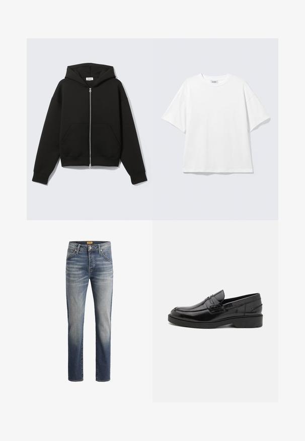 Zwarte hoodie met rits, vastgenaadde kap en voorzakken in kangoeroestijl, plat uitgespreid op een lichte achtergrond.; Witte oversized T-shirt met korte mouwen, ronde hals en verlaagde schouders, plat op een lichtgrijze achtergrond.; Slim-fit jeans van denim stof, met een middelblauwe wassing, vijf zakken en gestikte accenten op de naden.; Zwarte leren instappers met een gladde afwerking, ronde neus, lage hak en decoratieve stiksels aan de voorkant. Rubberen buitenzool voor grip.
