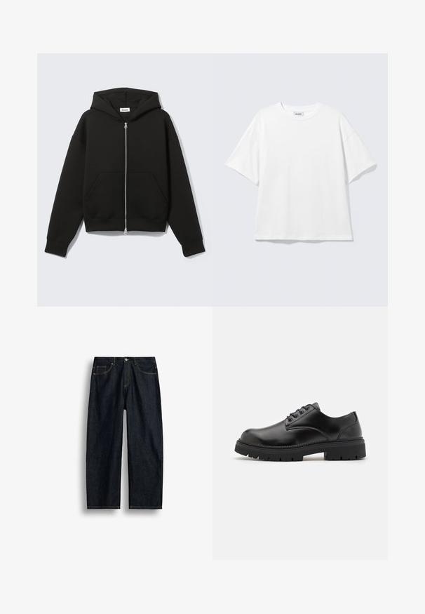 Schwarzer Zip-Hoodie mit angenähter Kapuze und vorderen Kängurutaschen, flach auf hellem Hintergrund liegend.; Weißes oversized T-Shirt mit kurzen Ärmeln und Rundhalsausschnitt mit eingesetzten Schultern, flach auf hellgrauem Hintergrund.; Dunkelblaue Jeans mit geradem Bein, gelben Nähten, vorderen Taschen und Knopfverschluss in der Taille.; Schwarze Lederschuhe mit runder Zehenform, Schnürdesign und einer dicken, strukturierten Gummisohle. Sie verfügen über eine Naht entlang des Randes und haben eine glatte Oberfläche.