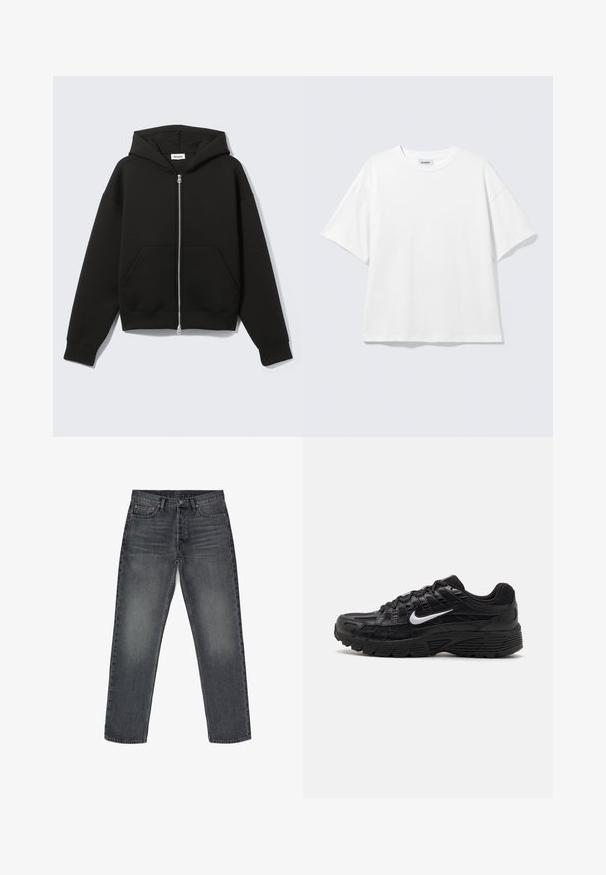 Schwarzer Zip-Hoodie mit angenähter Kapuze und vorderen Kängurutaschen, flach auf hellem Hintergrund liegend.; Weißes oversized T-Shirt mit kurzen Ärmeln und Rundhalsausschnitt mit eingesetzten Schultern, flach auf hellgrauem Hintergrund.; Graue Jeans aus Denim mit geradem Schnitt, fünf Taschen, Knopfverschluss und dezentem Verblassen. Verstärkte Nähte und Kupferakzente.; Schwarze Sportschuhe mit einem strukturierten Mesh-Obermaterial und Gummisohle. Ikonisches weißes Swoosh-Logo an der Seite, mit Schnürdesign.