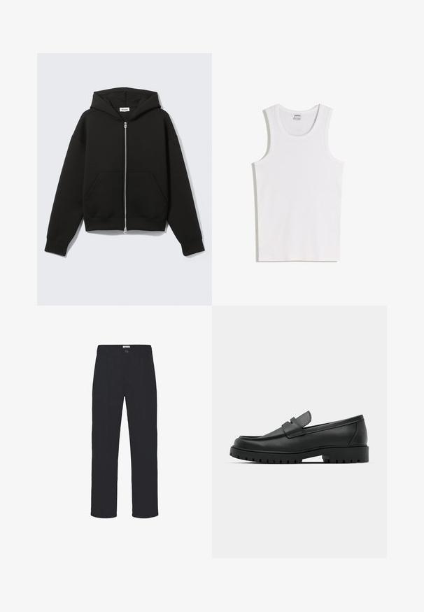 Sweat à capuche zippé noir avec capuche fixée et poches kangourou devant, posé à plat sur un fond clair.; Débardeur blanc en coton avec un col rond et de larges bretelles. Texture lisse, sans motifs ni accents, design simple.; Pantalon noir en tissu texturé, présentant une coupe droite, des plis sur le devant et une fermeture à un bouton à la taille.; Mocassins en cuir noir à bout arrondi, avec un design cousu, une semelle plateforme basse et une semelle en caoutchouc texturée et crantée.
