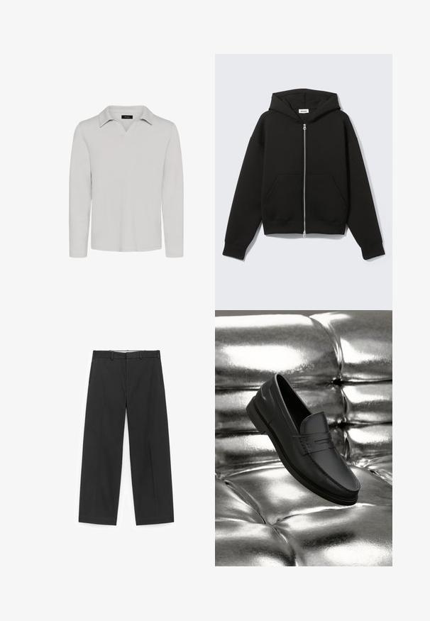 Sudadera negra con cremallera, capucha unida y bolsillos delanteros tipo canguro, extendida sobre un fondo claro.; Matinique MAV - Polo - lunar rock; Pantalones negros de pierna ancha hechos de tela suave, con una pretina con trabillas para cinturón y bolsillos laterales, con un diseño limpio y minimalista.; Mocasines de cuero negro con una textura suave, que presentan detalles de costura y un diseño clásico, mostrados sobre un fondo metálico y brillante.