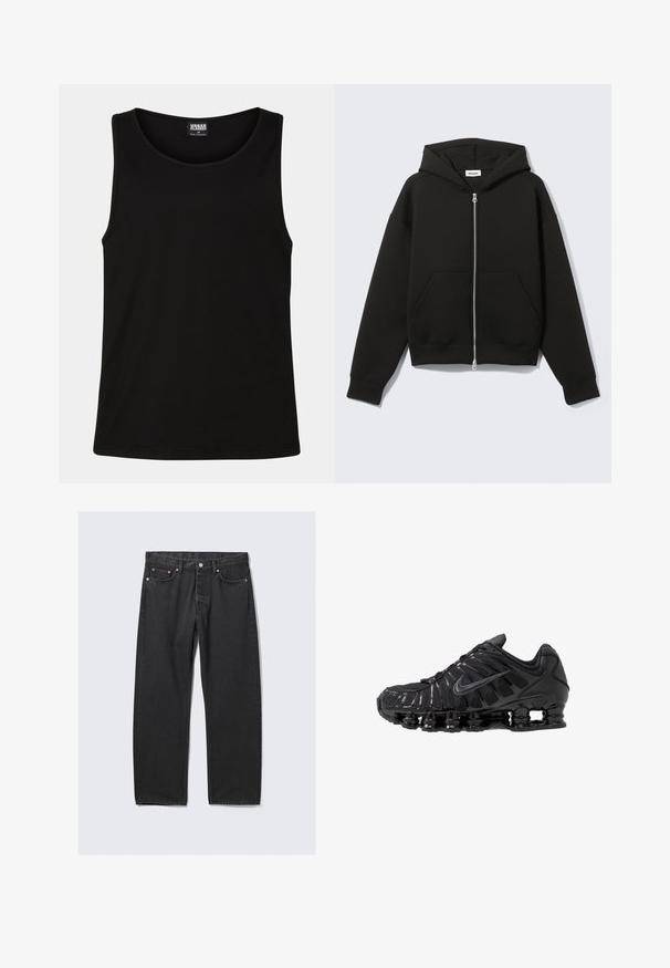 Zwarte hoodie met rits, vastgenaadde kap en voorzakken in kangoeroestijl, plat uitgespreid op een lichte achtergrond.; Zwarte tanktop gemaakt van zachte katoenstof. Beschikt over een ronde halslijn en ruime armsgaten, zonder zichtbare patronen of accenten.; Zwarte rechte denim jeans met vijf zakken en een knoopsluiting in de taille, plat gelegd op een lichte achtergrond.; Zwarte sportschoenen gemaakt van mesh en synthetische materialen, met een opvallend golvend ontwerp, zwarte rubberen zool en reflecterende accenten.