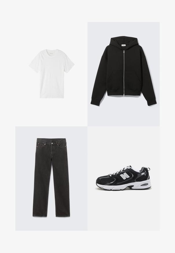 Sudadera negra con cremallera, capucha unida y bolsillos delanteros tipo canguro, extendida sobre un fondo claro.; Camiseta blanca de manga corta hecha de algodón suave. Presenta un cuello redondo clásico y un diseño simple y sin costuras, sin patrones ni acentos.; Vaqueros de mezclilla negros de pierna recta con bolsillos frontales, trabillas para cinturón y cierre de botón, colocados planos sobre un fondo gris.; Zapatillas deportivas en negro y gris con parte superior de malla y ante, que cuentan con una entresuela blanca, cordones y un llamativo logo "N" en el lateral.