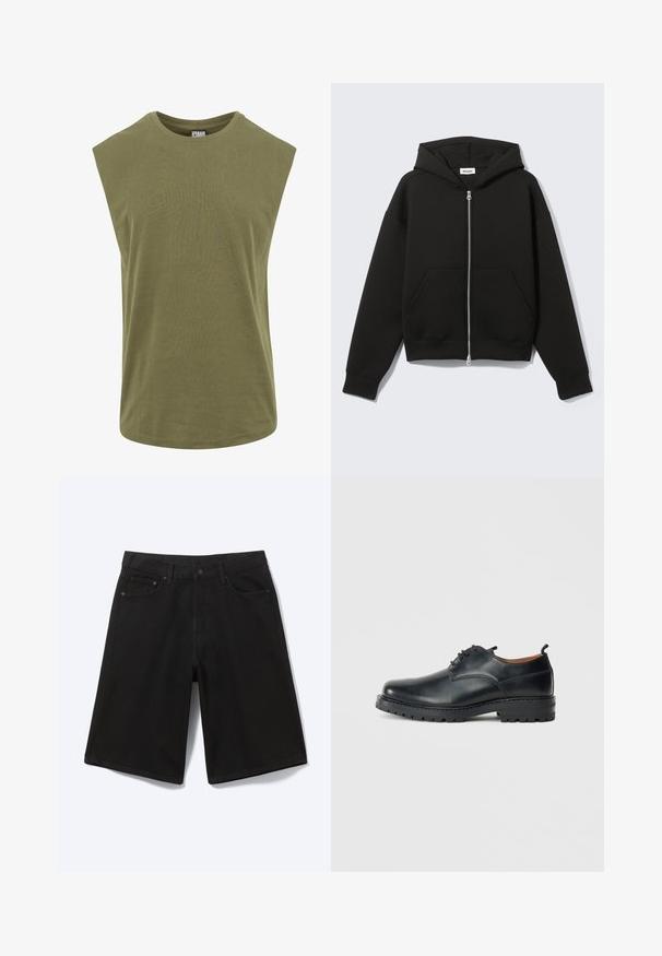 Sweat à capuche zippé noir avec capuche fixée et poches kangourou devant, posé à plat sur un fond clair.; T-shirt sans manches de couleur olive, fabriqué en coton doux, avec un col rond et une coupe décontractée et ample, dotée d'une texture lisse et uniforme.; Short en jean noir longueur genou avec bouton à l'avant, passants de ceinture et cinq poches, présenté sur fond blanc.; Chaussures derby en cuir noir avec une texture lisse, bout rond, design à lacets et une semelle en caoutchouc épaisse et robuste.