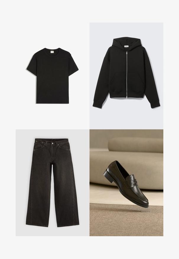 Zwarte hoodie met rits, vastgenaadde kap en voorzakken in kangoeroestijl, plat uitgespreid op een lichte achtergrond.; Effen zwart T-shirt met korte mouwen en ronde hals, plat neergelegd, met zicht op de voorkant, zichtbare naden en een wit merkembleem aan de binnenkant van de hals.; Zwarte wijdere denim jeans met voorzakken, knoopsluiting en ceintuurlussen, plat neergelegd op een lichte achtergrond.; Zwarte leren loafer zwevend boven een beige tapijt met een beige bank op de achtergrond, met een klassiek mannenmodel instapontwerp.