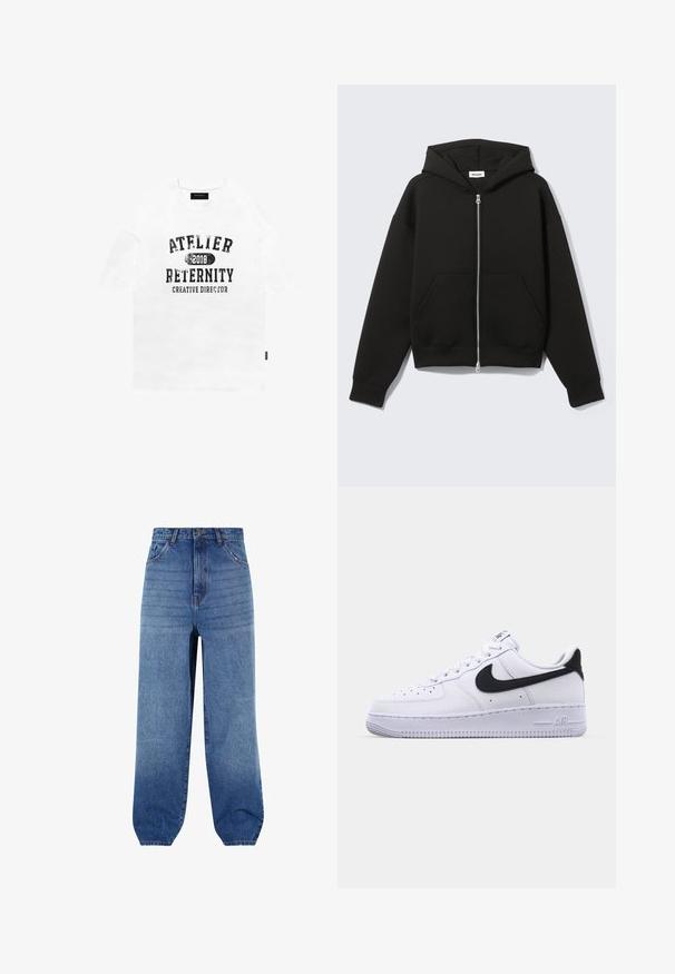 Sweat à capuche zippé noir avec capuche fixée et poches kangourou devant, posé à plat sur un fond clair.; T-shirt en coton blanc à manches courtes, arborant un texte noir déchiré : "ATELIER 2018 RETERNITY DIRECTEUR CRÉATIF." Coupe simple et décontractée.; Jeans en denim bleu clair avec une taille haute, une coupe ample et des ourlets fuselés. Comprend cinq poches et un léger dégradé sur l'avant.; Sneaker en cuir blanc avec un Swoosh noir texturé, des lacets plats et une semelle en caoutchouc avec un motif strié. "AIR" est embossé sur le talon.