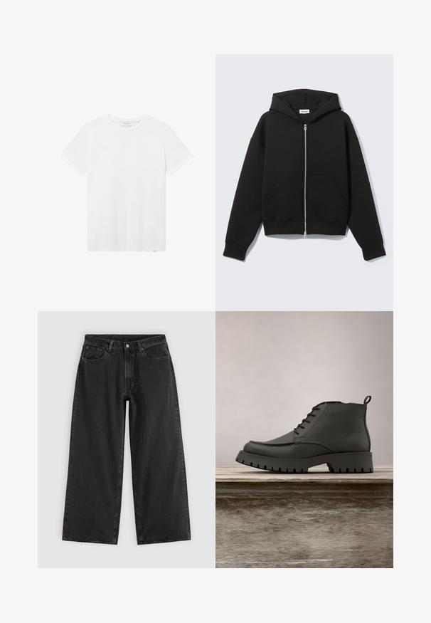 Schwarzer Zip-Hoodie mit angenähter Kapuze und vorderen Kängurutaschen, flach auf hellem Hintergrund liegend.; Weißes Baumwoll-T-Shirt mit Rundhalsausschnitt, kurzen Ärmeln und einem dezenten Logo auf der Brust. Glatte Textur und normale Passform.; Schwarze Jeans mit weitem Bein, Vordertaschen, Gürtelschlaufen und Knopfverschluss, auf schlichtem hellem Hintergrund dargestellt.; Schwarze Leder-Stiefelette mit runder Kappe, Schnürung und einer dicken, robusten Sohle mit tiefen Profilen. Auf einer Holzoberfläche erhöht.